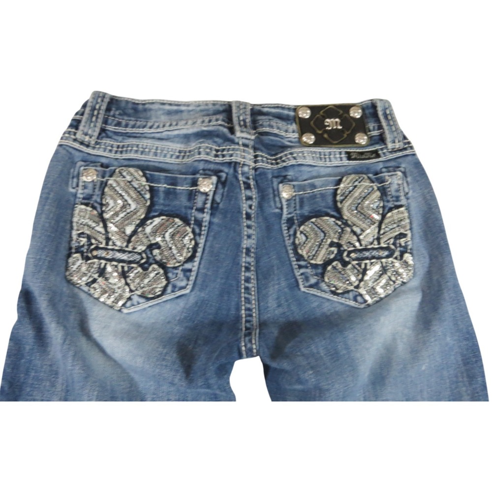 Miss Me Fleur De Lis Bootcutโ Jeans VTG Y2K Medium Wash Rhinestone Size 27 Women
